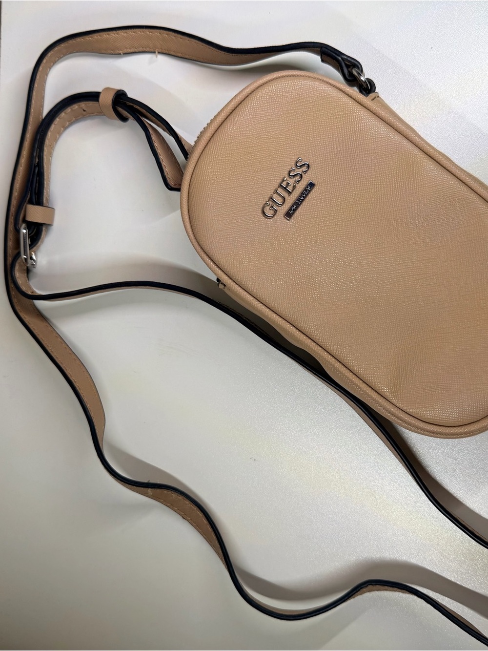 GUESS Beige Crossbody Phone Pouch with Black-Trim Strap